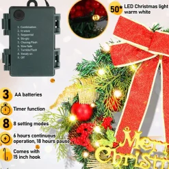 Merkloos Kerstkrans 45Cm 50 Led Verlichting - Kerstballen Met Rood En Bruinelint Kerstdecoratie Kerstmis Kunststof New