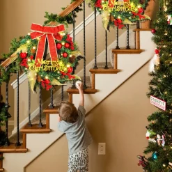 Merkloos Kerstkrans 45Cm 50 Led Verlichting - Kerstballen Met Rood En Bruinelint Kerstdecoratie Kerstmis Kunststof New
