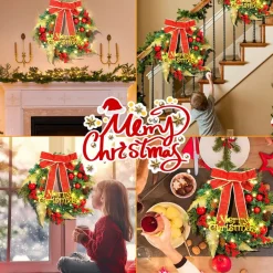 Merkloos Kerstkrans 45Cm 50 Led Verlichting - Kerstballen Met Rood En Bruinelint Kerstdecoratie Kerstmis Kunststof New