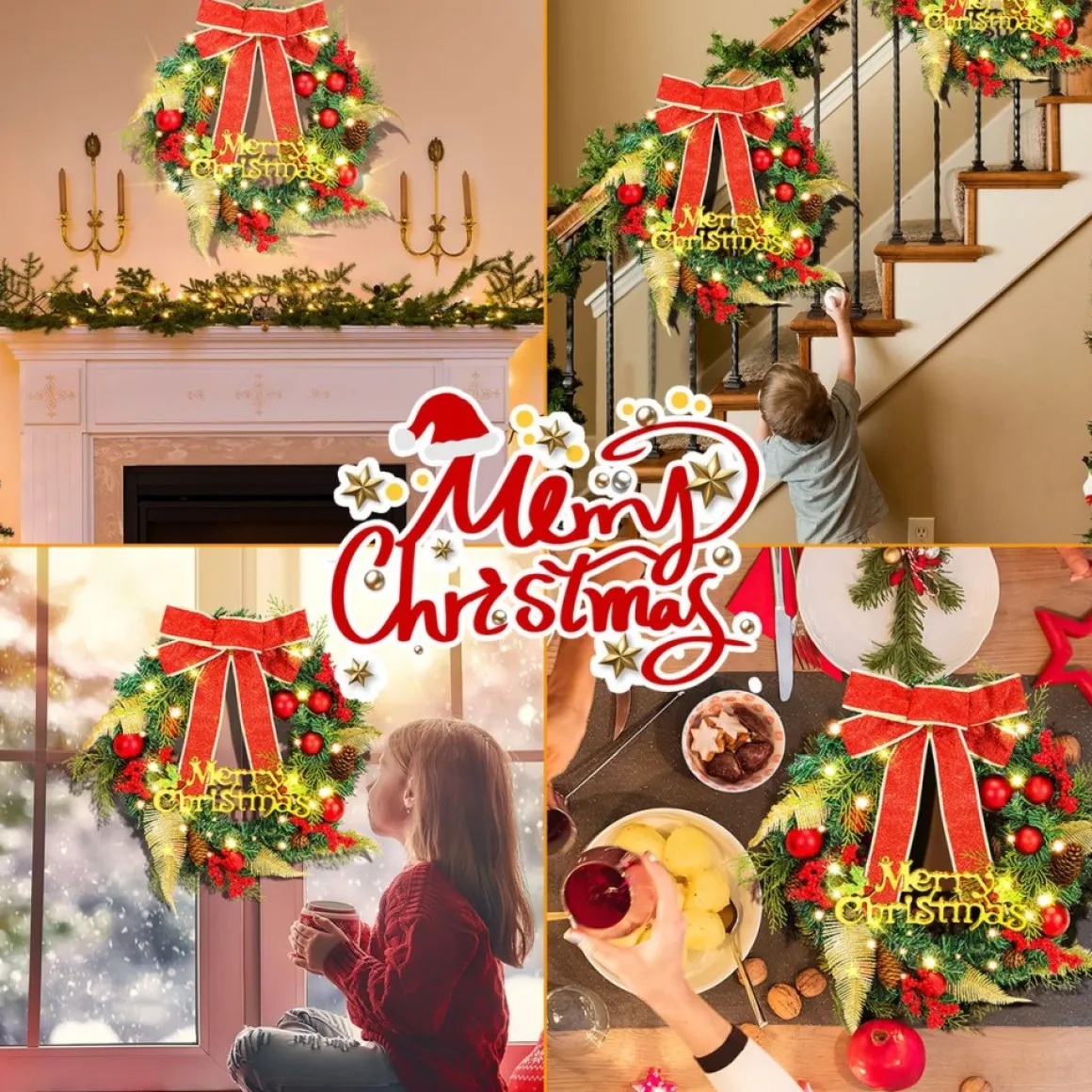 Merkloos Kerstkrans 45Cm 50 Led Verlichting - Kerstballen Met Rood En Bruinelint Kerstdecoratie Kerstmis Kunststof New
