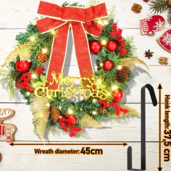 Merkloos Kerstkrans 45Cm 50 Led Verlichting - Kerstballen Met Rood En Bruinelint Kerstdecoratie Kerstmis Kunststof New