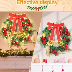 Merkloos Kerstkrans 45Cm 50 Led Verlichting - Kerstballen Met Rood En Bruinelint Kerstdecoratie Kerstmis Kunststof New