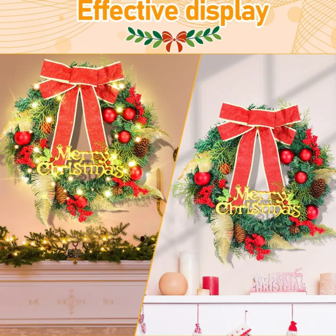 Merkloos Kerstkrans 45Cm 50 Led Verlichting - Kerstballen Met Rood En Bruinelint Kerstdecoratie Kerstmis Kunststof New