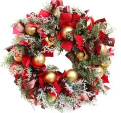 VentilatorBest Kerstkrans 45Cm - Verguldekleur Kerstballen Met Oudrood En Bruinelint - Kerstdecoratie - Kerstmis - Kunststof Outlet