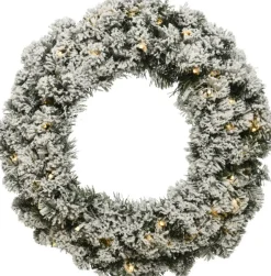Decoris Kerstkrans/Dennenkrans Groen Met Sneeuw En Warm Witte Verlichting Met Timer 35 Cm - Verlichte Dennenkransen Sale