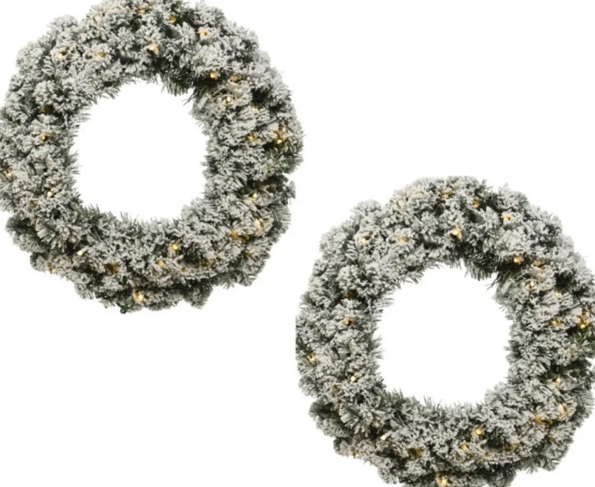 Decoris Kerstkrans/Dennenkrans Groen Met Sneeuw En Warm Witte Verlichting Met Timer 35 Cm - Verlichte Dennenkransen Sale