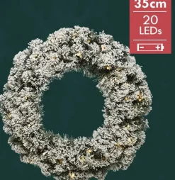 Decoris Kerstkrans/Dennenkrans Groen Met Sneeuw En Warm Witte Verlichting Met Timer 35 Cm - Verlichte Dennenkransen Sale