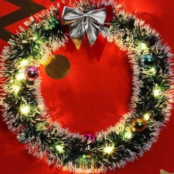 * Kerstkrans O32 Met Led Verlichting, Zilver Kleurige Strik Best Sale