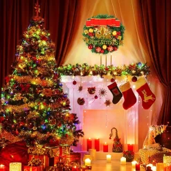 Selwo Kerstmis, 30Cm Kerstkrans Delicate Kerstdecoratiekrans, Kerstkrans Voor Deur Met Bal, Strik En Bellen, Kerstkrans Voordeur, Dennenkrans Voor Deurraamornament Discount