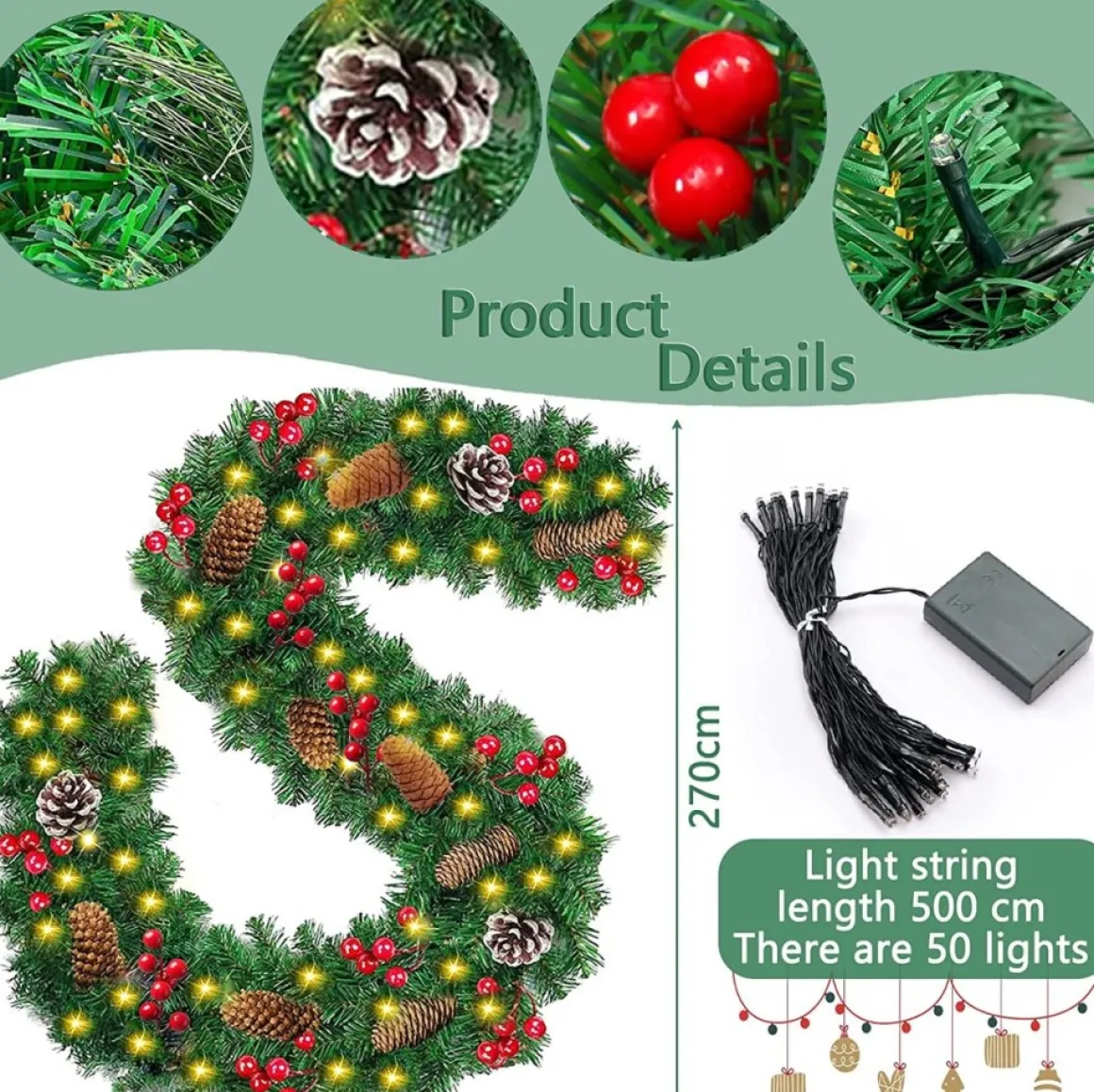 Selwo Kerstslinger Met 50 Warmwitte Leds, 2,7 M, Kunstzinnige Adventskrans, Kunstslinger, Kerstdecoratie, Verlichte Kransen, Voor Kerstmis, Trappen, Deur, Tuin, Open Haard Cheap