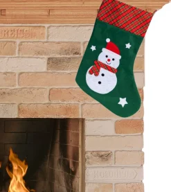 Merkloos Kerstsok Groen/Rood Met Sneeuwpop H45 Cm - Polyester - Kerstsokken Outlet