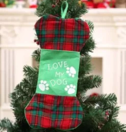 ’merkloos’ Kerstsok Voor Honden "Love My Dog" - 45 Cm - Rood Groen Geruit Cheap