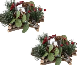Merkloos Kerststukje Stervorm Met Theelichthouder En Decoratie 17 X 8 Cm Kerst Tafeldecoratie - Kerstversiering/Kerstdecoratie Store