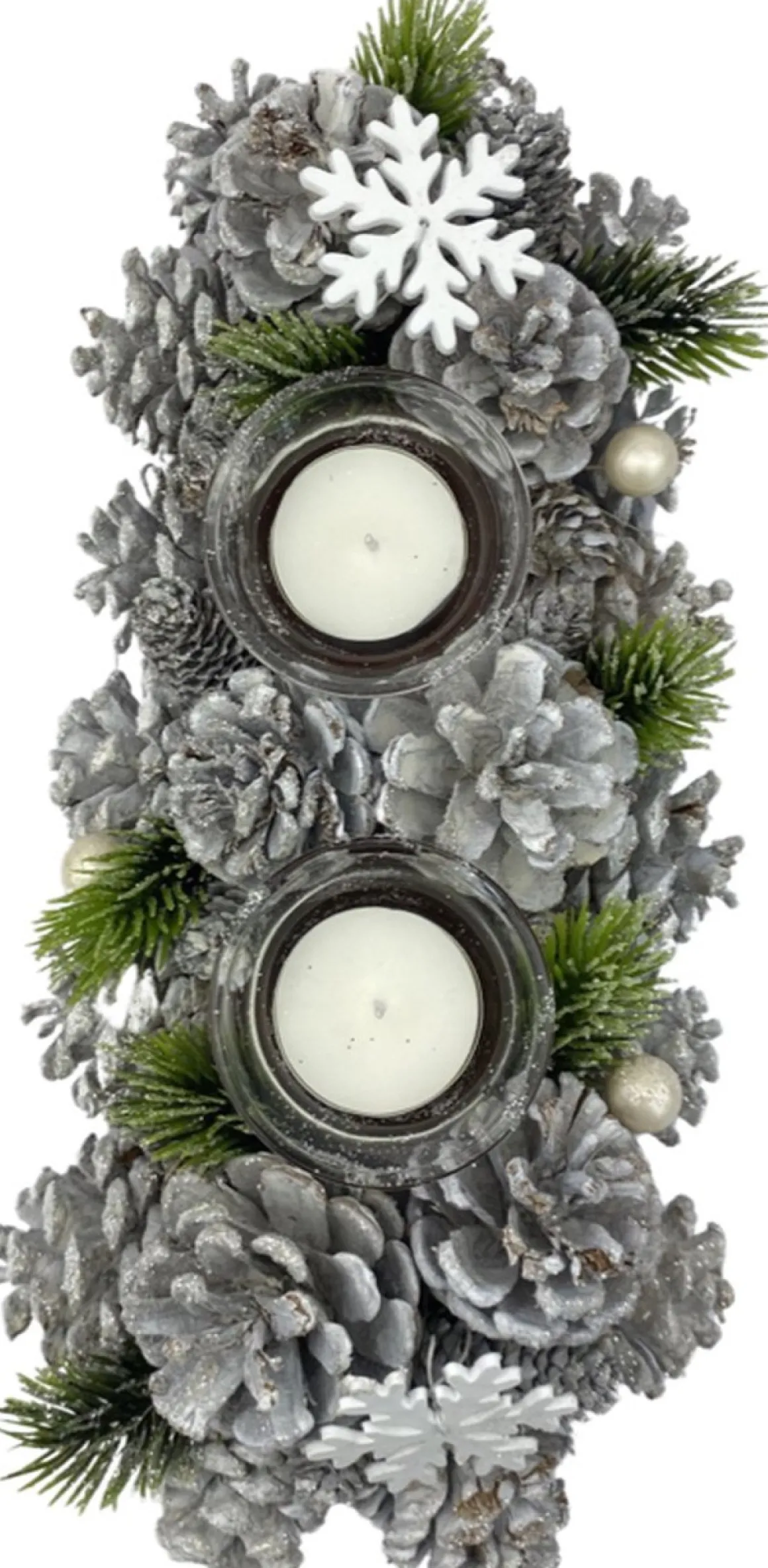 WDMT Kerststuk Kaarsenhouder - Pearl |13 X 9 X 30 Cm | Decoratieve En Goed Gevulde Kerstdecoratie Met Waxinehouder | Vervaardigd Uit Natuurlijke Materialen En Witte Details | Wit Hot
