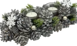 WDMT Kerststuk Kaarsenhouder - Pearl |13 X 9 X 30 Cm | Decoratieve En Goed Gevulde Kerstdecoratie Met Waxinehouder | Vervaardigd Uit Natuurlijke Materialen En Witte Details | Wit Hot