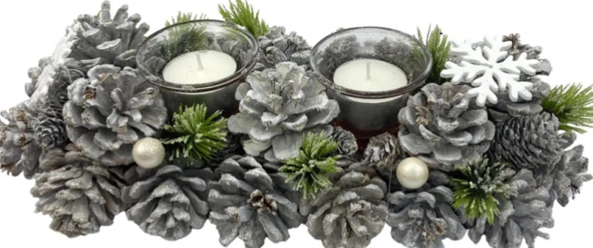 WDMT Kerststuk Kaarsenhouder - Pearl |13 X 9 X 30 Cm | Decoratieve En Goed Gevulde Kerstdecoratie Met Waxinehouder | Vervaardigd Uit Natuurlijke Materialen En Witte Details | Wit Hot