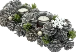 WDMT Kerststuk Kaarsenhouder - Pearl |13 X 9 X 30 Cm | Decoratieve En Goed Gevulde Kerstdecoratie Met Waxinehouder | Vervaardigd Uit Natuurlijke Materialen En Witte Details | Wit Hot