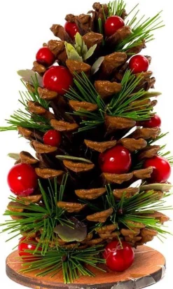 WDMT Kerststuk Op Houten Schijf - Berry | O 10 X 13 Cm | Decoratief In De Hoogte Verwerkt Kerststuk Op Houten Staander Met Dennenappels En Bessen | Groen Sale