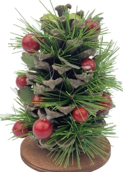 WDMT Kerststuk Op Houten Schijf - Berry | O 10 X 13 Cm | Decoratief In De Hoogte Verwerkt Kerststuk Op Houten Staander Met Dennenappels En Bessen | Groen Sale