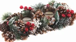 Naturn Christmas Kerststuk Theelicht Houder - Dennenappels En Sneeuwvlokken | 31 Cm / 2L | Decoratief Kerststuk Gemaakt Uit Natuurlijke Materialen En Voorzien Van Twee Waxinehouders | Kerst Decoratie | Rood Outlet