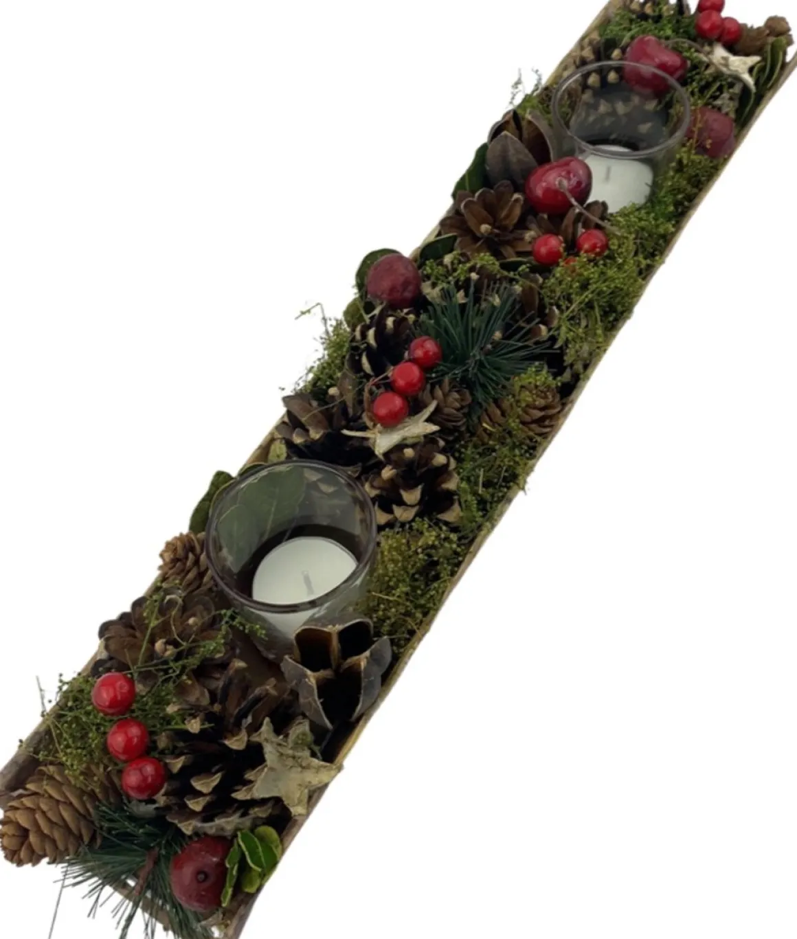 WDMT Kerststuk Theelicht Houder - Red Berry | 45 Cm / 2L | Decoratief Kerststuk Gemaakt Uit Natuurlijke Materialen En Voorzien Van Twee Waxinehouders | Rood Hot