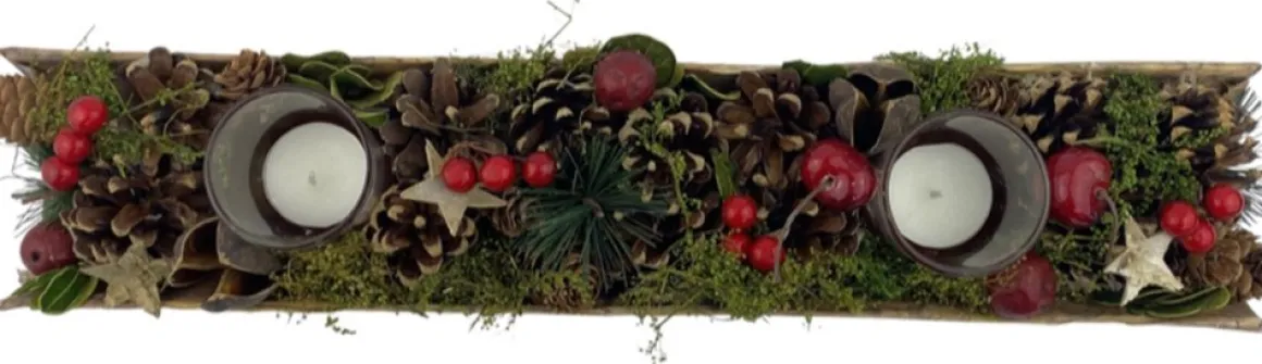 WDMT Kerststuk Theelicht Houder - Red Berry | 45 Cm / 2L | Decoratief Kerststuk Gemaakt Uit Natuurlijke Materialen En Voorzien Van Twee Waxinehouders | Rood Hot