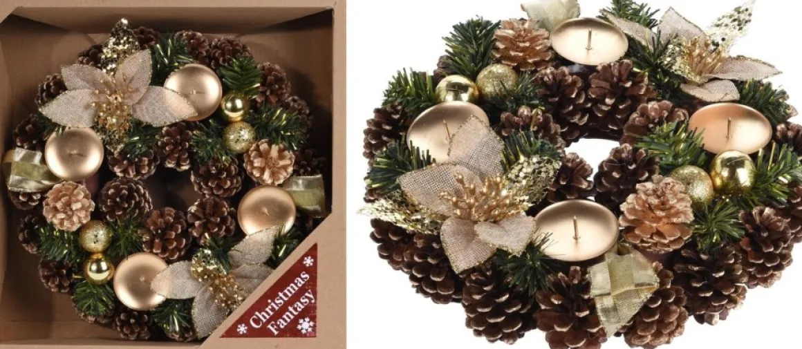 Bellatio Decorations Kerst Tafelstuk/Tafeldecoratie Kerststukje Krans Met Kaarsenhouder 28 Cm - Kerstversiering/Kerstdecoratie New