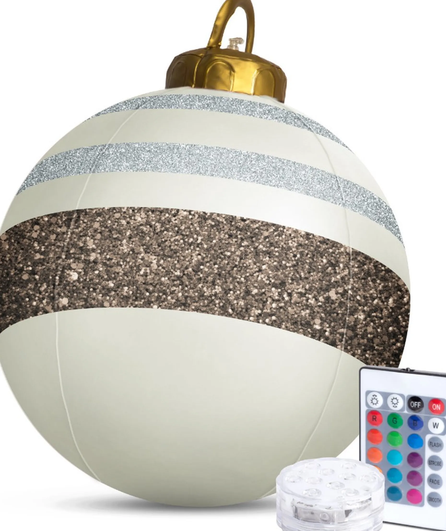 Family Christmas Verlichte Kerstfiguren^Kerstverlichting Buiten Op Batterijen - Opblaasbare Reuze Kerstbal Verlicht 60 Cm - Wit/Bruin - Rgb Kleuren + Afstandsbediening