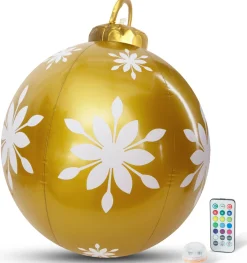 Family Christmas Verlichte Kerstfiguren^Kerstverlichting Buiten Op Batterijen - Opblaasbare Reuze Kerstbal Verlicht 60 Cm - Goud/Wit - Rgb Kleuren + Afstandsbediening