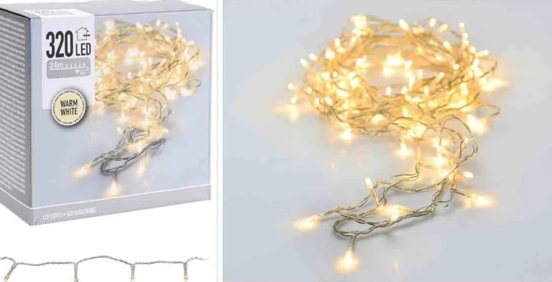 Merkloos Kerstboomverlichting^Kerstverlichting Transparant Snoer Met 320 Warm Witte Lampjes - 24 Meter - Kerstlampjes/Kerstlichtjes - Binnen/Buiten