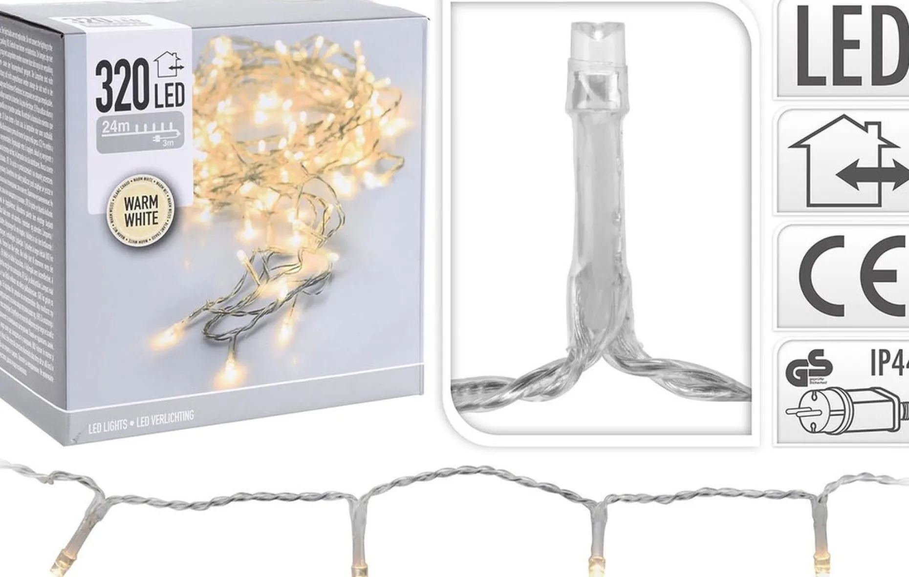 Merkloos Kerstboomverlichting^Kerstverlichting Transparant Snoer Met 320 Warm Witte Lampjes - 24 Meter - Kerstlampjes/Kerstlichtjes - Binnen/Buiten