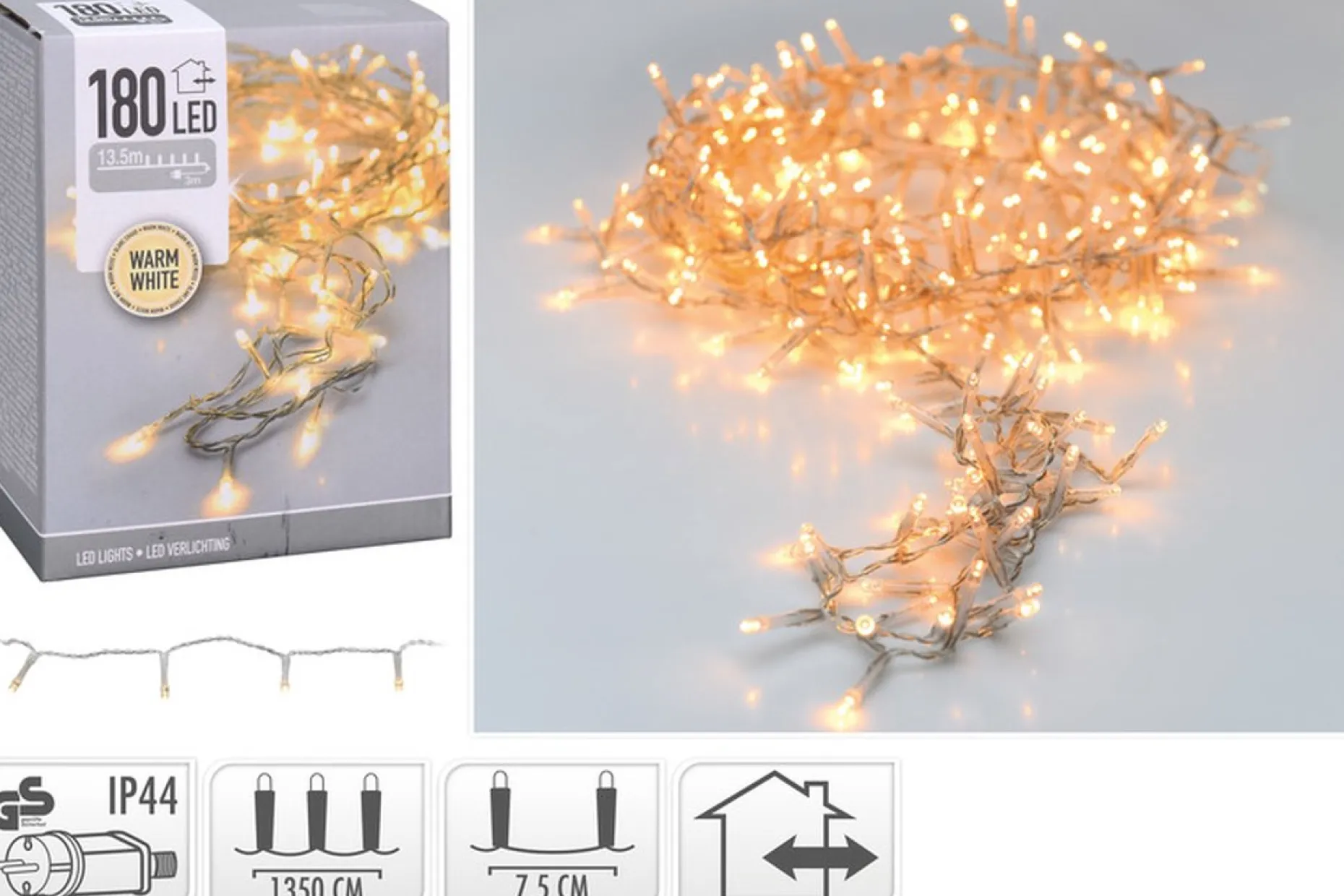 Merkloos Kerstboomverlichting^Kerstverlichting Transparant Snoer Met 180 Warm Witte Lampjes - 13,5 Meter - Kerstlampjes/Kerstlichtjes - Binnen/Buiten