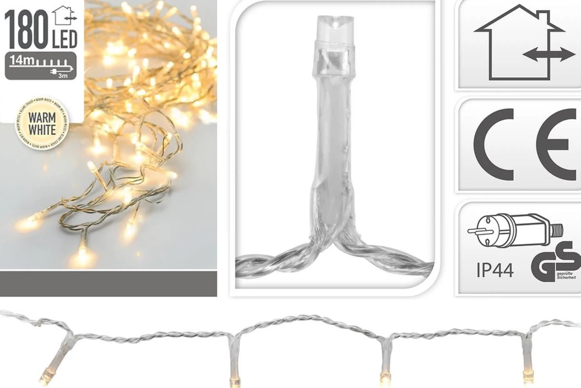 Merkloos Kerstboomverlichting^Kerstverlichting Transparant Snoer Met 180 Warm Witte Lampjes - 13,5 Meter - Kerstlampjes/Kerstlichtjes - Binnen/Buiten