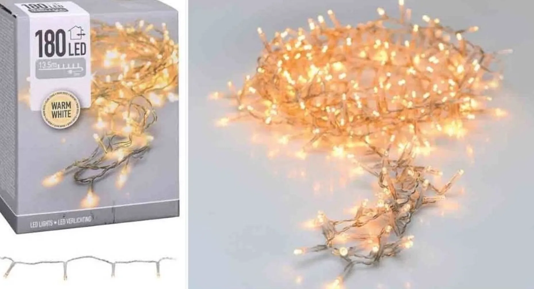 Merkloos Kerstboomverlichting^Kerstverlichting Transparant Snoer Met 180 Warm Witte Lampjes - 13,5 Meter - Kerstlampjes/Kerstlichtjes - Binnen/Buiten