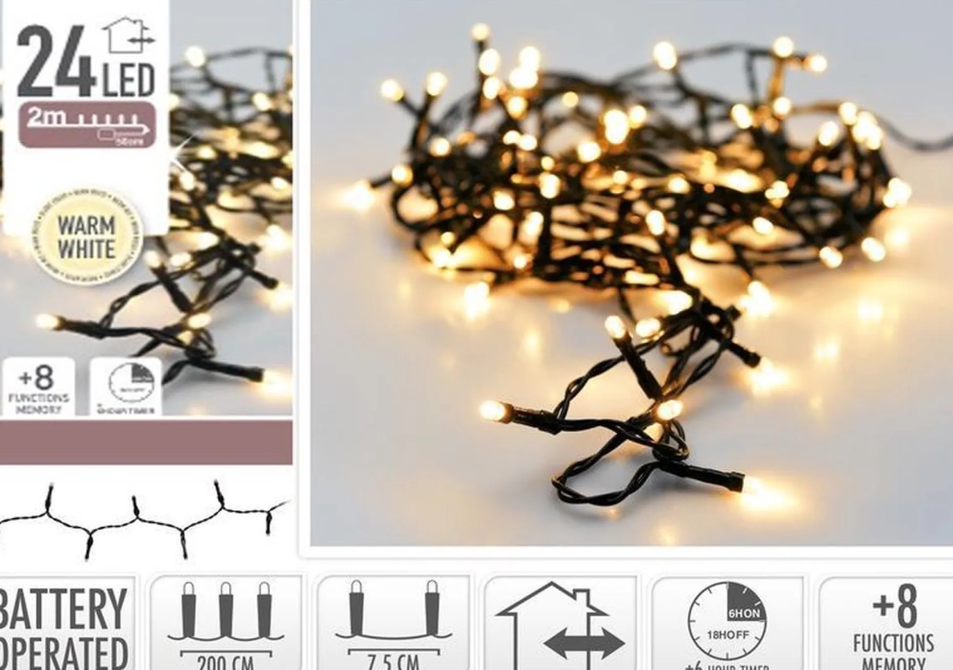 Bellatio Decorations Kerstboomverlichting^Kerstverlichting 24 Warm Witte Lampjes Op Batterij 2 Meter Met Timer - Kerstlampjes/Kerstlichtjes Op Batterijen