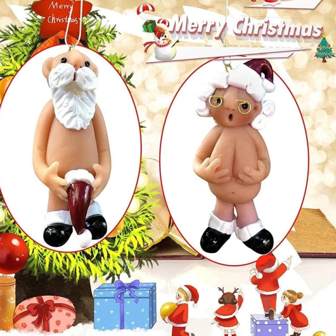 Merkloos Kerstversiering 5 Cm | Opa Oma Kado | Blote Kerstman En Blote Kerstvrouw | Kerstornament | Cadeau Online