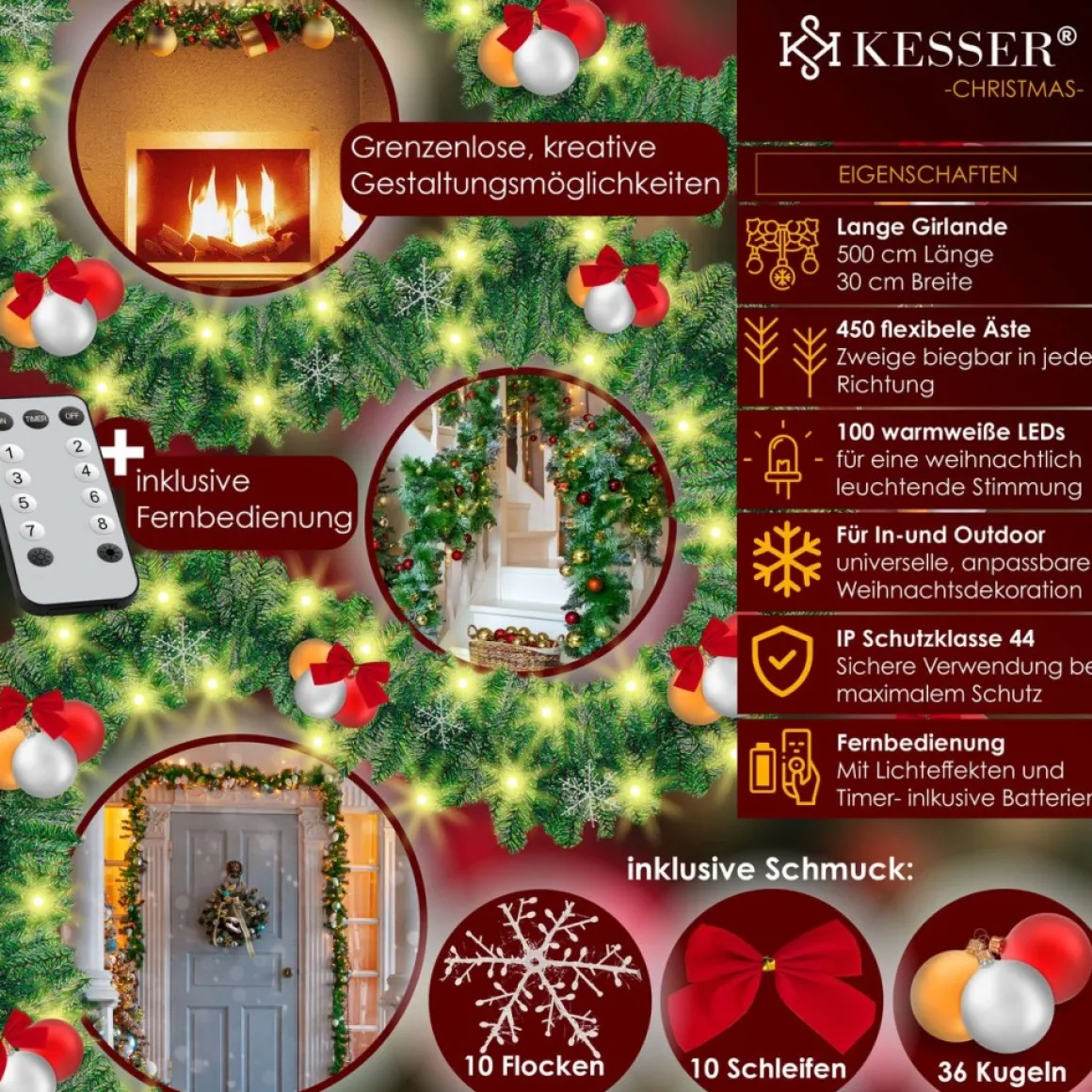 Kesser ® Kerstslinger | Guirlande Met 100 Led's Warmwit Lampjes - Kerstversiering, Kerstguirlande Led Verlichting Voor Kerstboom En Binnen & Buiten, Kerstverlichting Slinger Voor Kerstmis - Groen, 5M / 100 Leds Met Afstandsbediening Sale