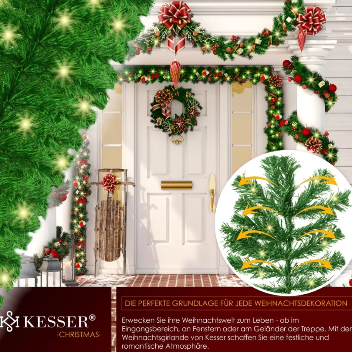 Kesser ® Kerstslinger | Guirlande Met 100 Led's Warmwit Lampjes - Kerstversiering, Kerstguirlande Led Verlichting Voor Kerstboom En Binnen & Buiten, Kerstverlichting Slinger Voor Kerstmis - Groen, 5M / 100 Leds Hot