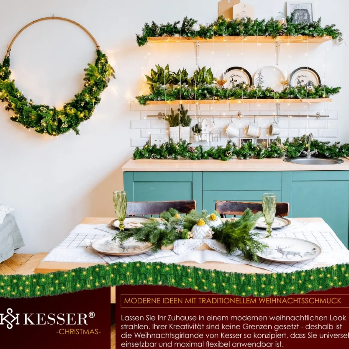 Kesser ® Kerstslinger | Guirlande Met 100 Led's Warmwit Lampjes - Kerstversiering, Kerstguirlande Led Verlichting Voor Kerstboom En Binnen & Buiten, Kerstverlichting Slinger Voor Kerstmis - Groen, 5M / 100 Leds Hot