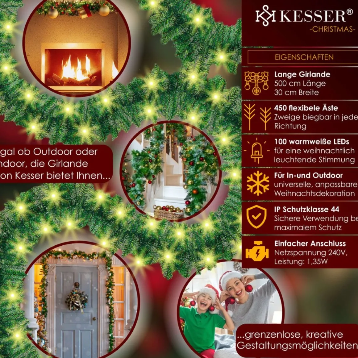 Kesser ® Kerstslinger | Guirlande Met 100 Led's Warmwit Lampjes - Kerstversiering, Kerstguirlande Led Verlichting Voor Kerstboom En Binnen & Buiten, Kerstverlichting Slinger Voor Kerstmis - Groen, 5M / 100 Leds Hot