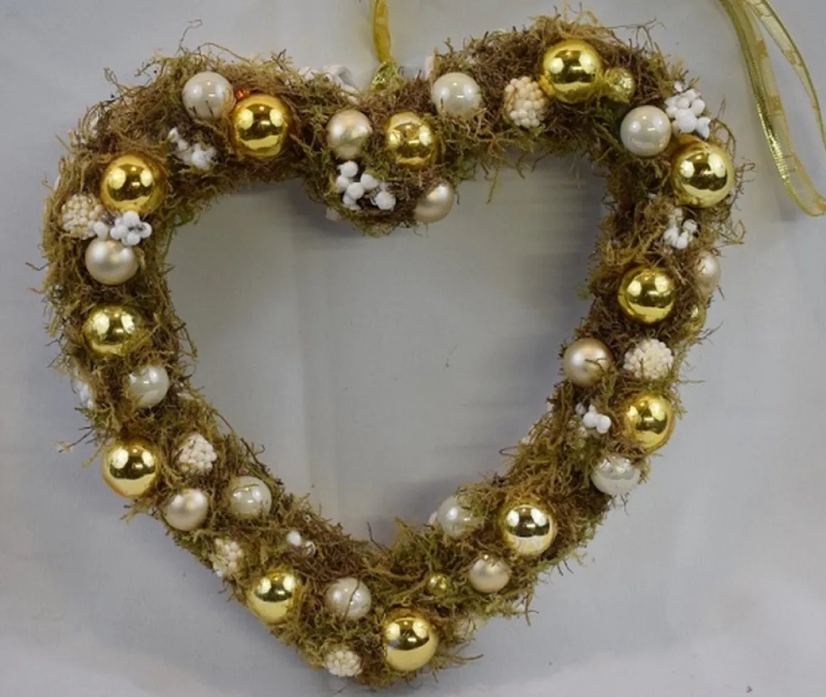 * Krans, Kerstkrans, Hart, Wit-Goud, 100% Natuurproduct, 25 X 25 Cm Online