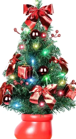 Selwo Kunstkerstbomen^Kunstkerstboom, 50 Cm, Met Warmwitte En Meerkleurige Lichten En Kleine Rode Ornamenten, Perfecte Kerstdecoratie Voor Tafel En Bureau, Rood