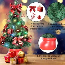 Selwo Kunstkerstbomen^Kunstkerstboom, 50 Cm, Met Warmwitte En Meerkleurige Lichten En Kleine Rode Ornamenten, Perfecte Kerstdecoratie Voor Tafel En Bureau, Rood