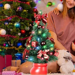 Selwo Kunstkerstbomen^Kunstkerstboom, 50 Cm, Met Warmwitte En Meerkleurige Lichten En Kleine Rode Ornamenten, Perfecte Kerstdecoratie Voor Tafel En Bureau, Rood