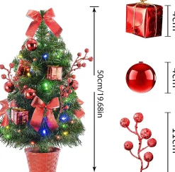 Selwo Kunstkerstbomen^Kunstkerstboom, 50 Cm, Met Warmwitte En Meerkleurige Lichten En Kleine Rode Ornamenten, Perfecte Kerstdecoratie Voor Tafel En Bureau, Rood
