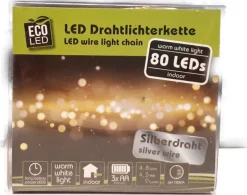 Eco-Led Kerstlichtsnoeren^Led Draad Verlichting - 80 Leds - 8 Meter - Warm Wit - Werkt Op Batterij - Voor Binnen - Timer - Kerst Verlichting - Licht Slinger - Voordeel Set 2 X