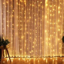 Merkloos Lichtgordijnen^Led Gordijn 3X3 Meter - Kerstverlichting - 300 Leds - Lichtgordijn - Warm Wit - Kerstmis - Feestdagen - Binnenverlichting - Trouwfeest Verlichting