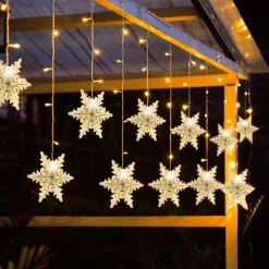 Merkloos Verlichte Kerstfiguren^Led Lichtgordijn Led Lichtsnoer Led Sneeuwvlokken Kerstverlichting Voor Binnen En Buiten Kerstdecoratie Kerstversiering 96Leds Ip44 8 Modi 3,5M Warm Wit