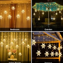 Merkloos Verlichte Kerstfiguren^Led Lichtgordijn Led Lichtsnoer Led Sneeuwvlokken Kerstverlichting Voor Binnen En Buiten Kerstdecoratie Kerstversiering 96Leds Ip44 8 Modi 3,5M Warm Wit