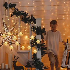Merkloos Verlichte Kerstfiguren^Led Lichtgordijn Led Lichtsnoer Led Sneeuwvlokken Kerstverlichting Voor Binnen En Buiten Kerstdecoratie Kerstversiering 96Leds Ip44 8 Modi 3,5M Warm Wit